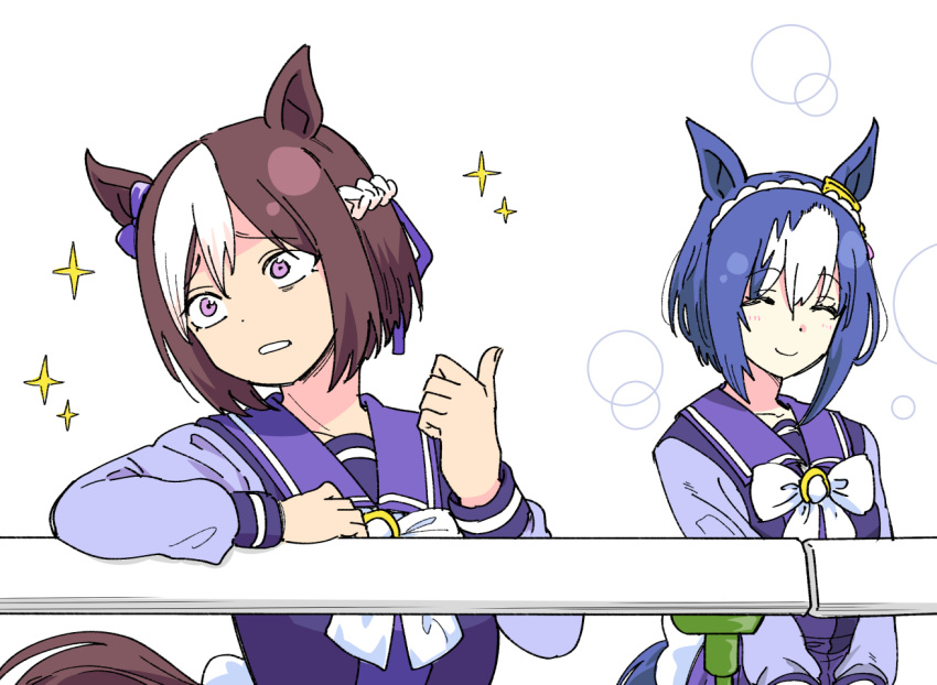 2girls, animal_ears, back_bow, blue_hair, bow, bowtie, braid, cesario_(umamusume)