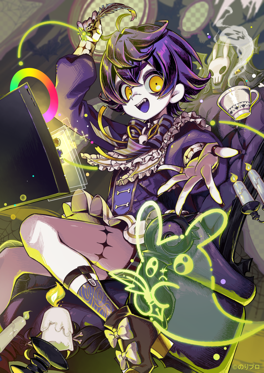 1boy, :d, arm_up, armchair, black_shoes, bow, chair, commentary_request