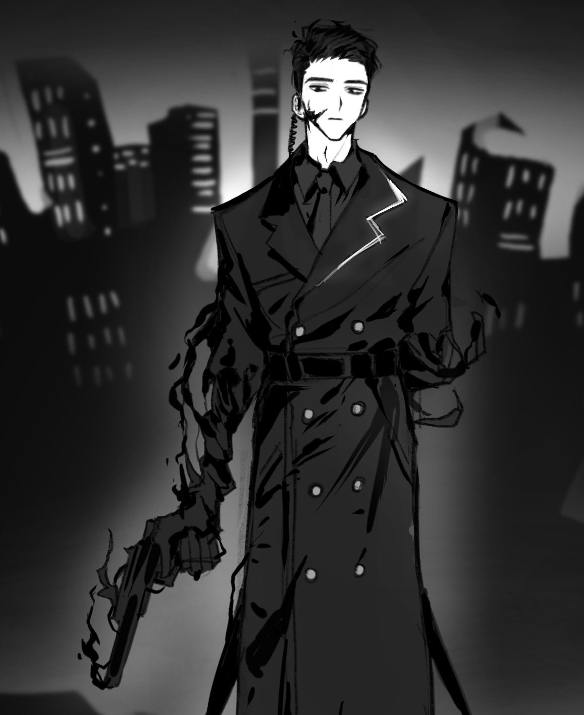 1boy, belt, black_belt, black_coat, black_hair, black_necktie, black_shirt, chanil_(muexlku), cityscape, closed_mouth, coat, e.g.o_(project_moon), earpiece, facial_mark, gun, hair_slicked_back, handgun, highres, holding, holding_gun, holding_weapon, hole-in-the-man, korean_commentary, lapels, limbus_company, looking_at_viewer, male_focus, meursault_(project_moon), monochrome, necktie, notched_lapels, project_moon, shirt, short_hair, solo, trench_coat, weapon