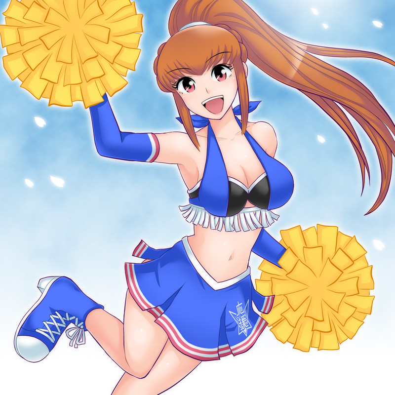 :d, amemiya_sayaka, armpits, breasts, brown_hair, cheerleader, cleavage, detached_sleeves, hamu_agaki, navel, open_mouth, osu!_tatakae!_ouendan, pink_eyes, pom_poms, skirt, smile
