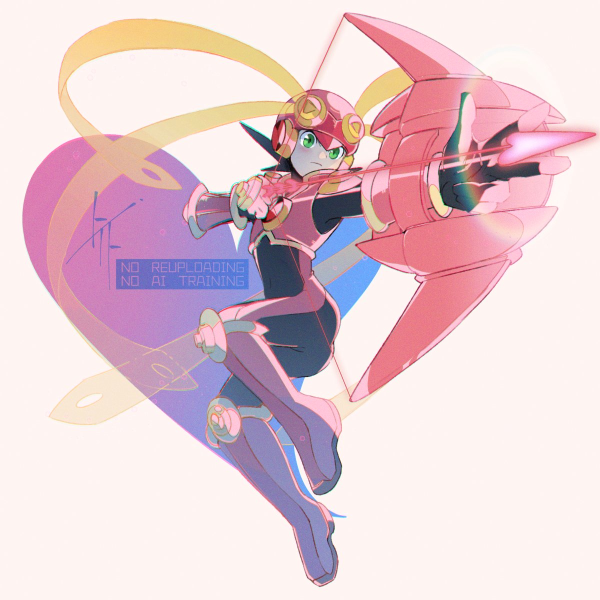 arrow_(projectile), black_bodysuit, bodysuit, bow_(weapon), double_soul_(mega_man), full_body, green_eyes, grey_background
