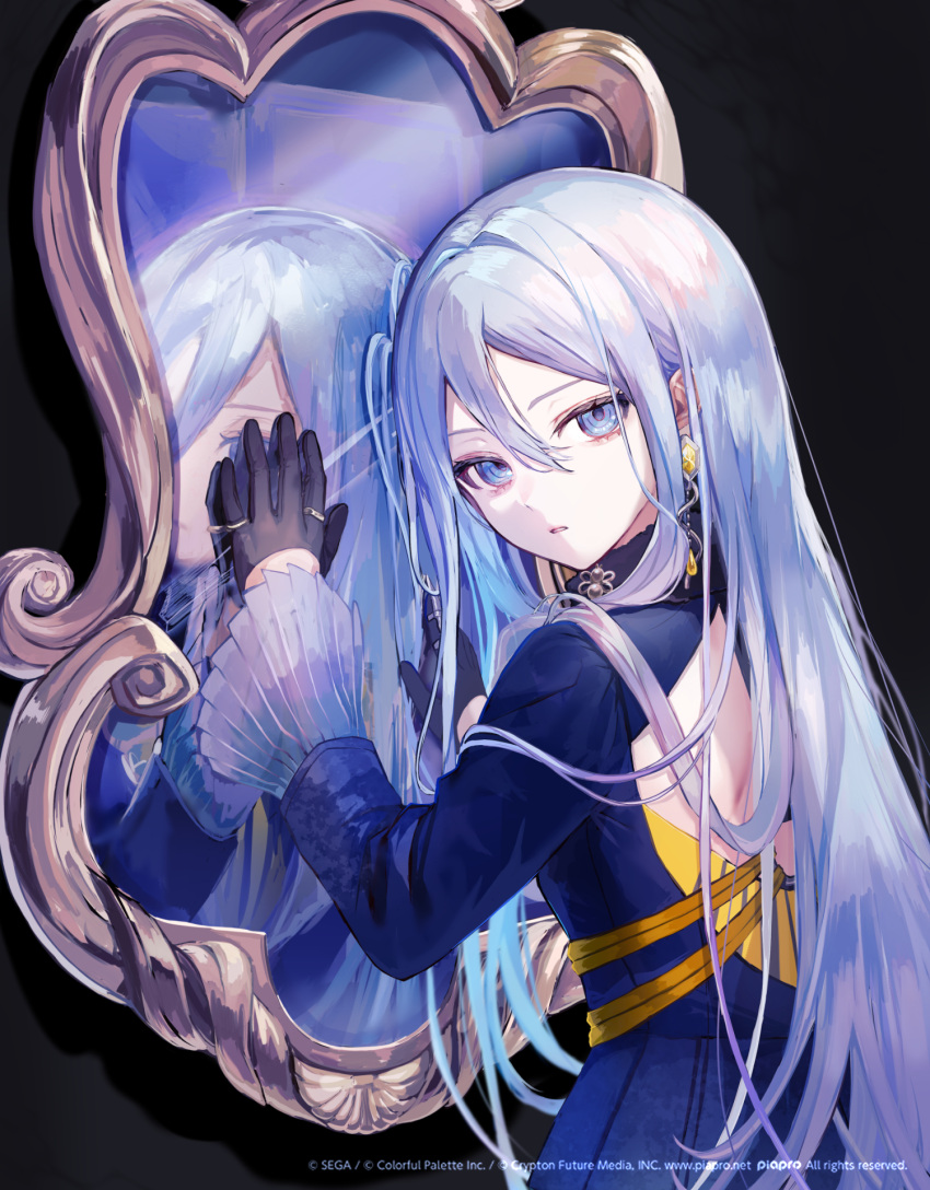 1girl, 25-ji_nightcord_de._(project_sekai), backless_dress, backless_outfit, blue_eyes, blue_hair, blue_theme, character_request