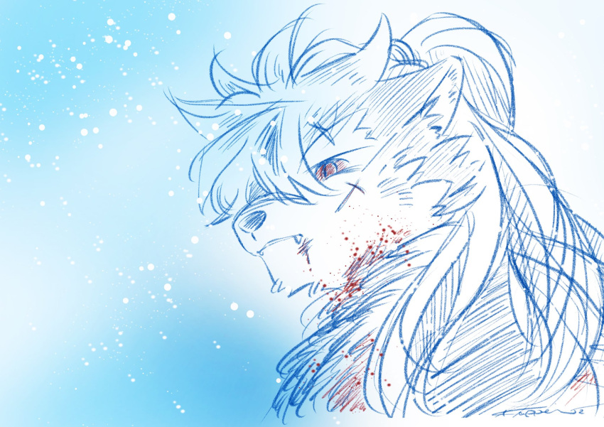 1boy, animal_ears, blood, commentary, cross_scar, derivative_work, dog_boy, dog_ears, dog_nose, fangs, fangs_out, furry, furry_male, highres, long_hair, looking_to_the_side, male_focus, parted_lips, partially_colored, ponytail, red_eyes, rurouni_kenshin, scar, scar_on_cheek, scar_on_face, scar_on_nose, shino_(housamo), signature, snow, tokyo_afterschool_summoners, unfinished, yamaguchi_kappei_(artist)