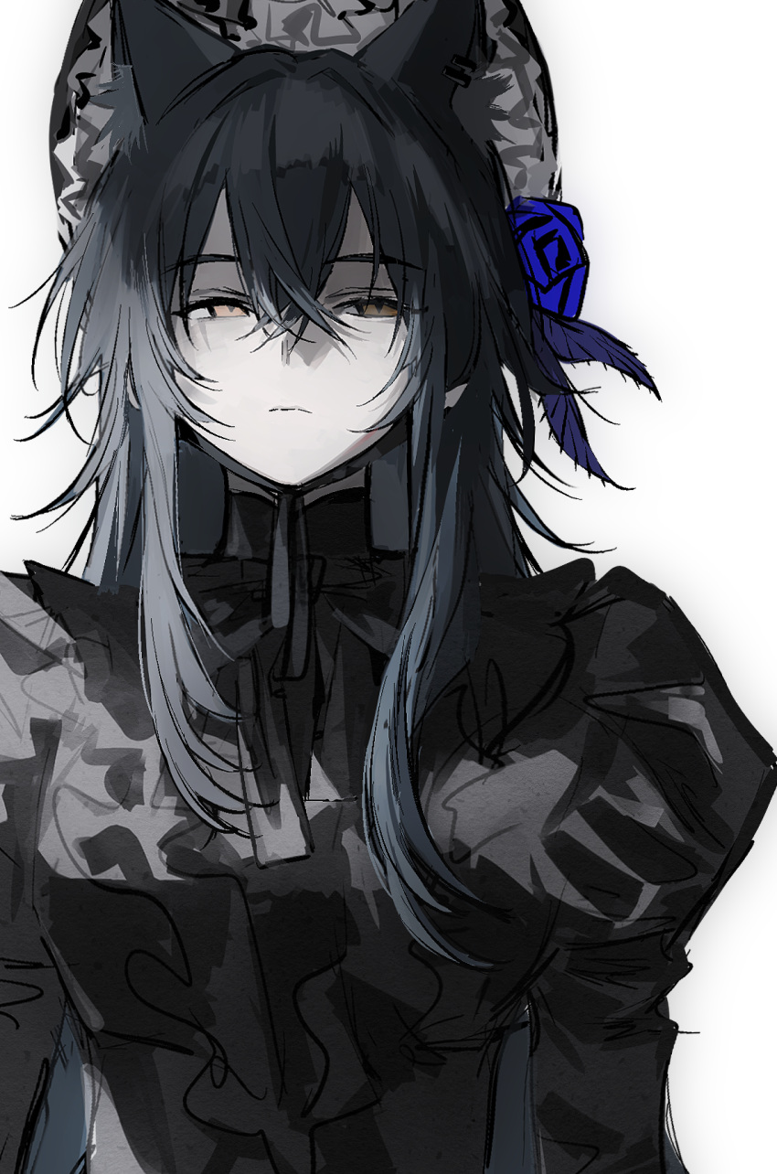 1girl, animal_ear_fluff, animal_ears, arknights, black_dress, black_hair, blue_flower, brown_eyes, closed_mouth, dress, flower, hair_between_eyes, highres, jsjdndhidnshssj, long_sleeves, looking_to_the_side, simple_background, solo, texas_(arknights), wolf_ears, wolf_girl