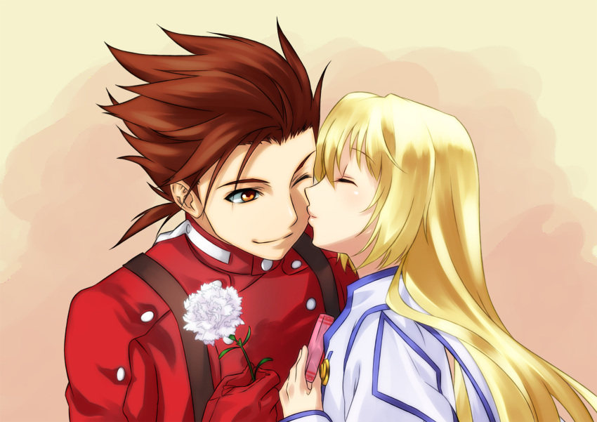 1girl, been_dead_long, blonde_hair, brown_eyes, brown_hair, closed_eyes, colette_brunel, couple