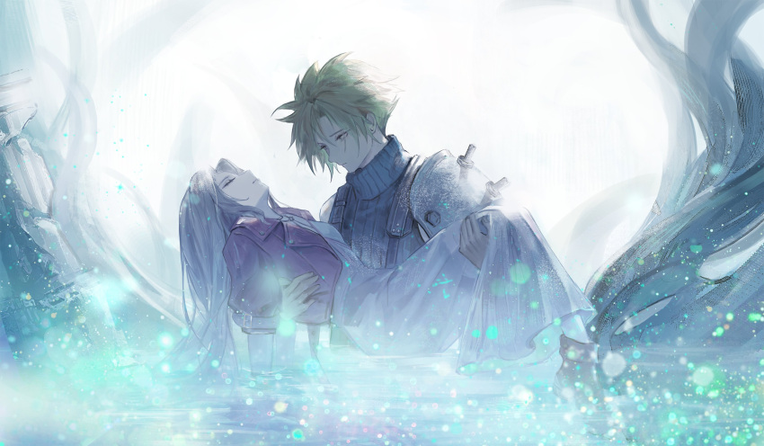 1boy, 1girl, aerith_gainsborough, armor, blue_shirt, boots, braid, breasts