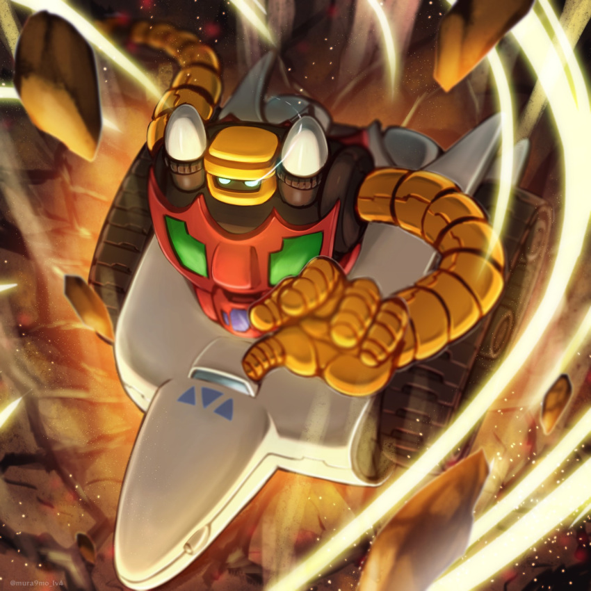 armor, blue_eyes, caterpillar_tracks, debris, eye_trail, from_above, getter-3, getter_robo, getter_robo_(classic), glowing, glowing_eyes, hand_up, highres, light_trail, mecha, mecha_focus, multicolored_armor, mura9mo, no_humans, reaching, reaching_towards_viewer, red_armor, robot, rock, solo, super_robot, white_armor, yellow_armor