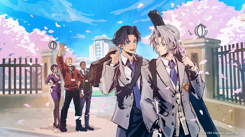 1girl, 4boys, angeal_hewley, aqua_eyes, bag, black_hair, black_necktie, black_pants