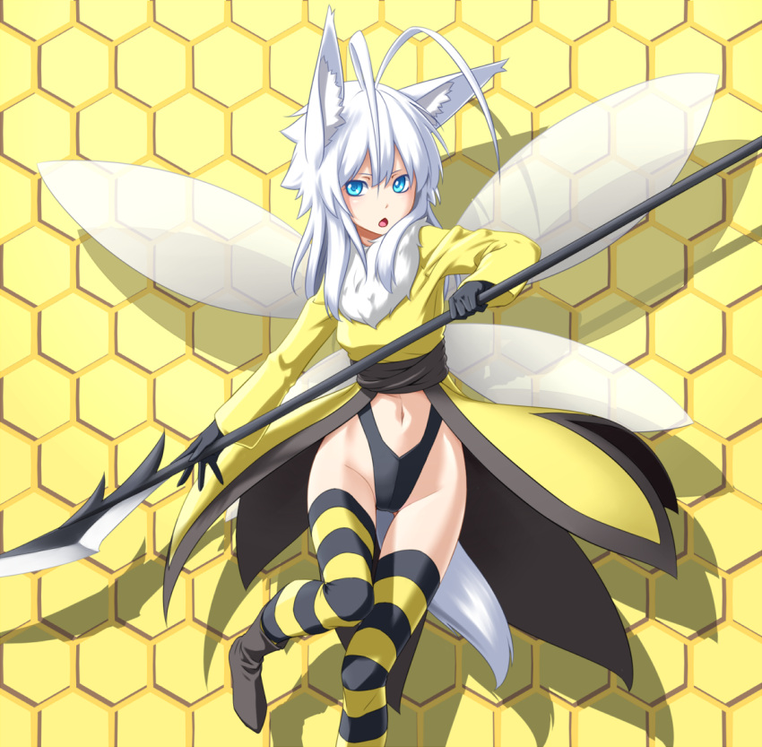 antenna_hair, blue_eyes, boots, gloves, honeycomb, honeycomb_background, kenntairui, kentairui