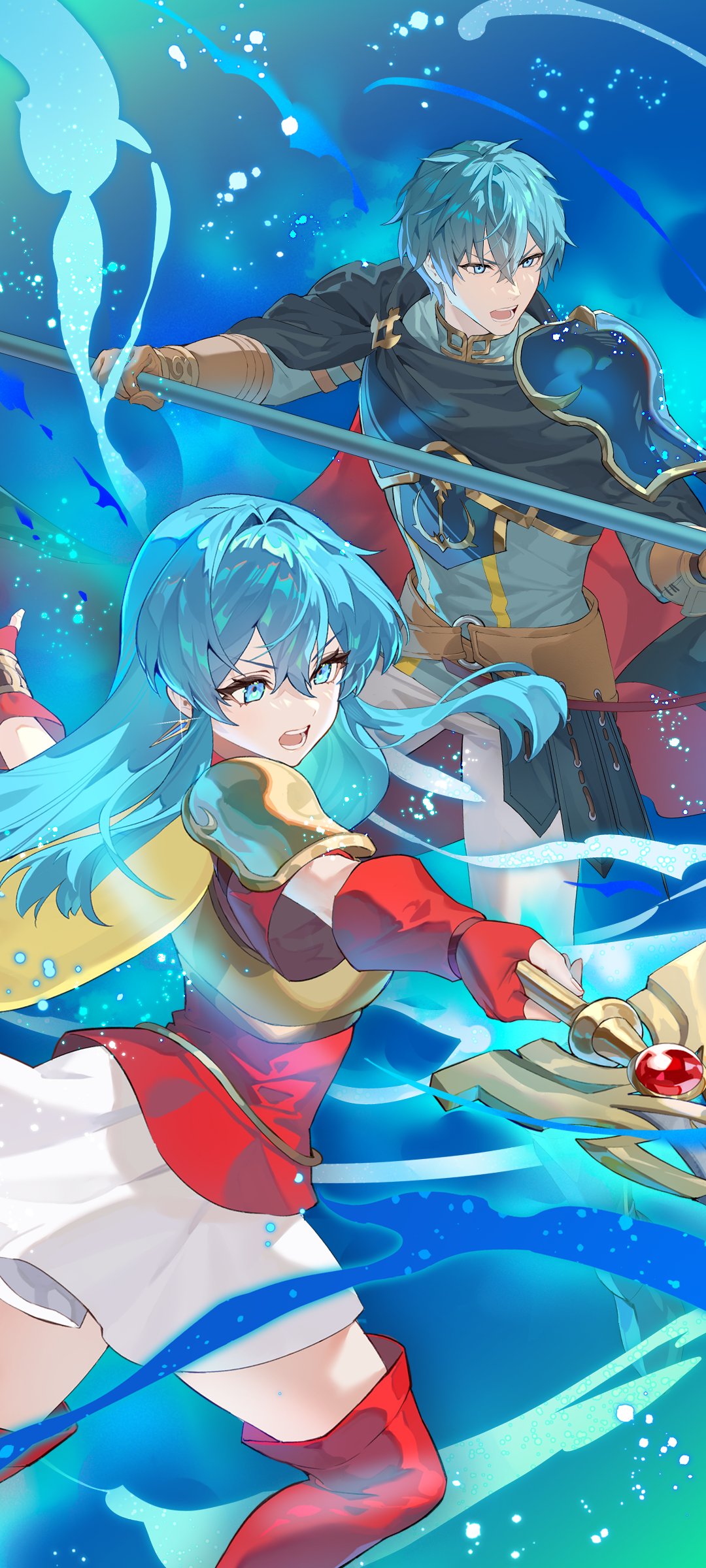 1boy, 1girl, absurdres, armor, blue_eyes, blue_hair, boots, brother_and_sister