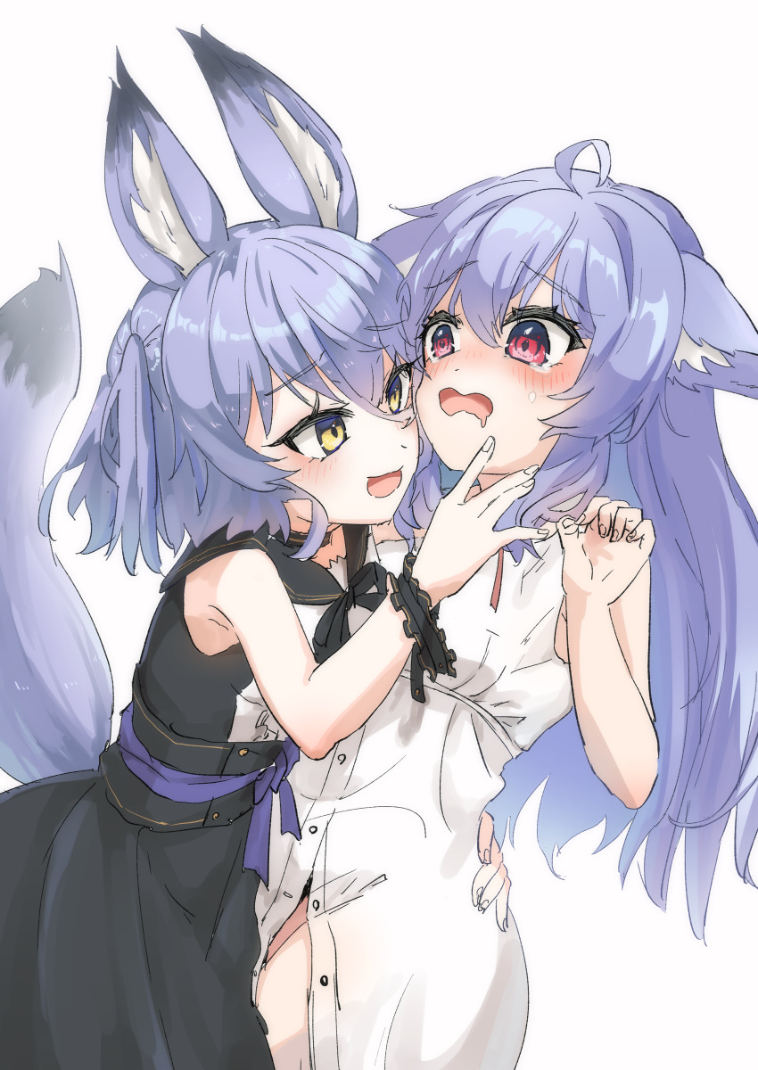 2girls, :d, absurdres, ahoge, animal_ear_fluff, animal_ears, arm_around_waist, bare_shoulders