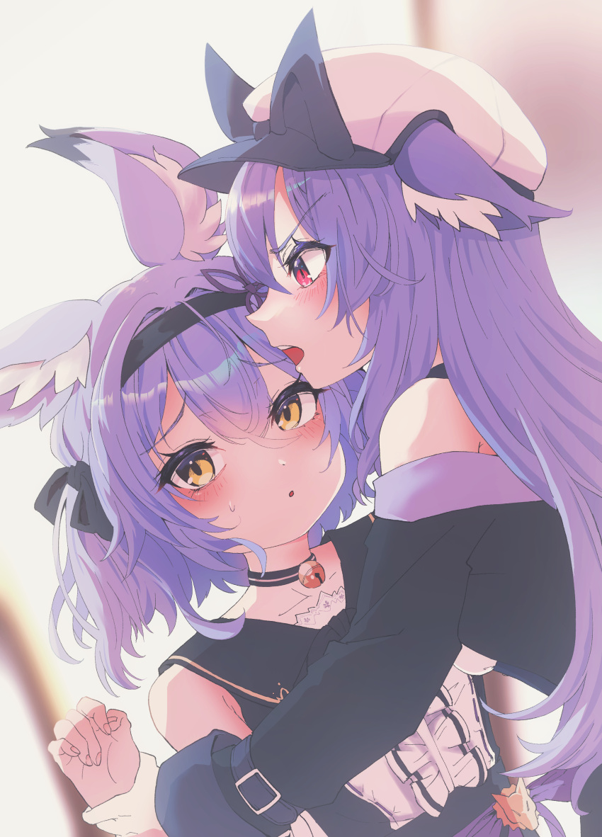 2girls, :o, absurdres, animal_ear_fluff, animal_ears, bare_shoulders, bell, black_choker
