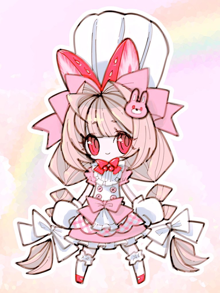 1girl, apron, blonde_hair, bow, braid, chef_hat, cherry, crust_(nikke), dress, eri_fund_c, flat_chest, food, food-themed_hair_ornament, fruit, gloves, goddess_of_victory:_nikke, hair_bow, hair_ornament, hat, pink_dress, rabbit_hair_ornament, rainbow, rainbow_background, red_bow, red_eyes, smile, strawberry, strawberry_hair_ornament, twin_braids, white_apron, white_gloves