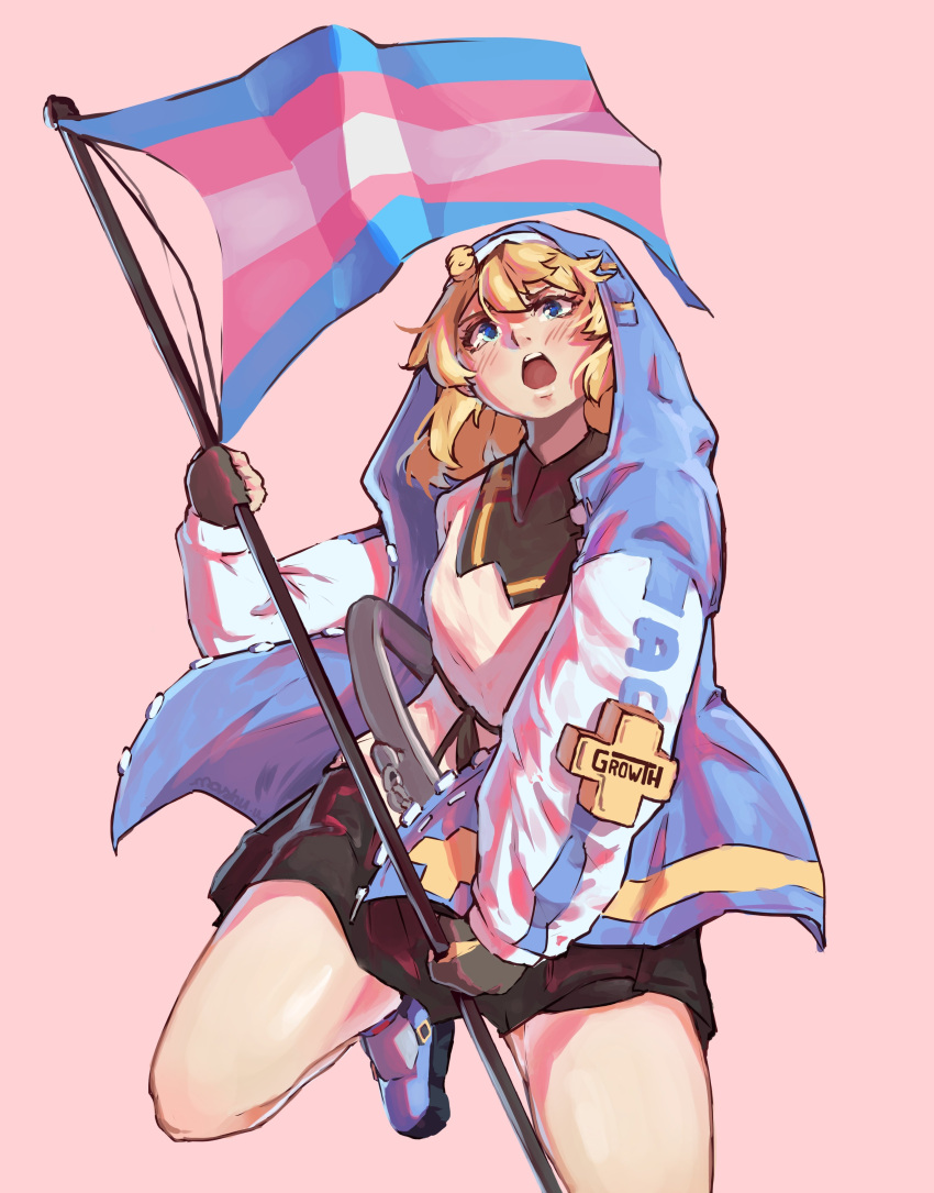 1girl, absurdres, bike_shorts, black_gloves, black_shorts, blonde_hair, blue_eyes, blue_jacket