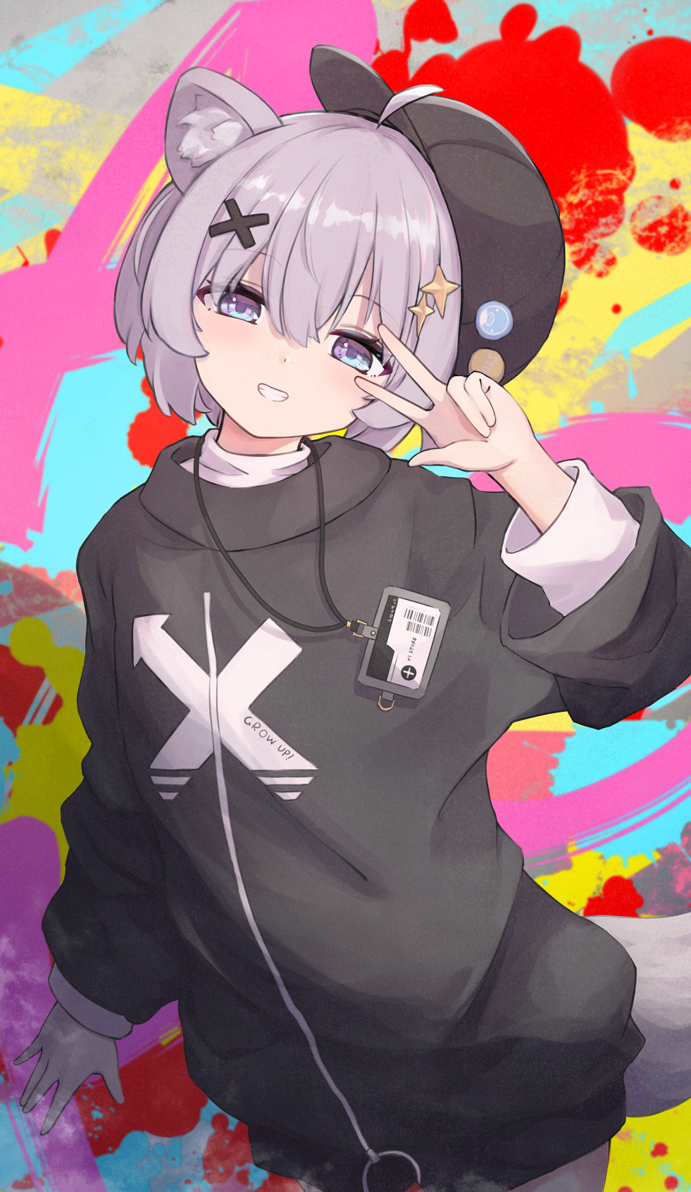 1girl, :d, abstract_background, ahoge, animal_ear_fluff, animal_ears, ash_(vrchat), backwards_hat