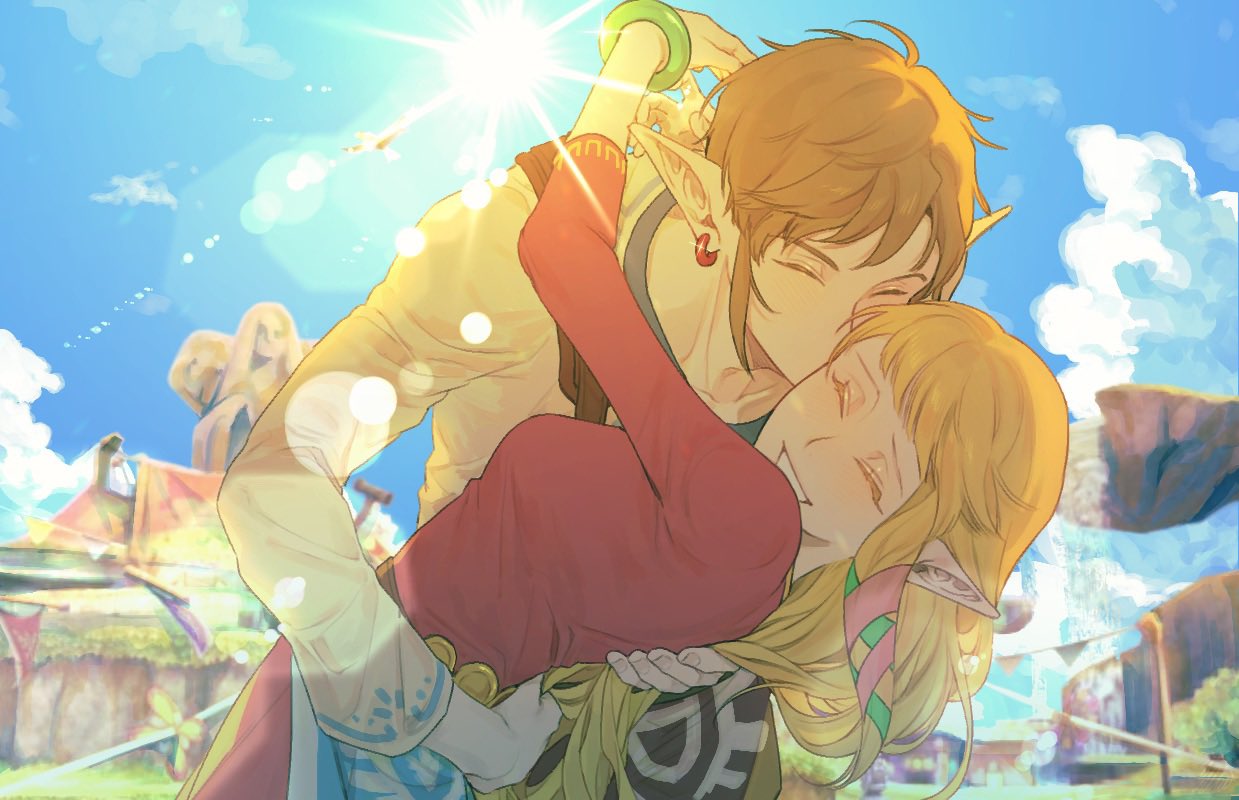 1boy, 1girl, :d, blonde_hair, blue_sky, bracelet, breasts, brown_hair, brown_shirt, closed_eyes, clouds, day, dress, earrings, hetero, hug, jewelry, kiss, link, medium_breasts, outdoors, pointy_ears, princess_zelda, pu_hegg, red_dress, shirt, sky, smile, sun, sunlight, the_legend_of_zelda, the_legend_of_zelda:_skyward_sword