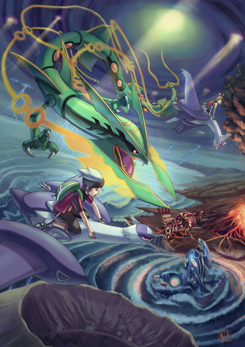 1boy, 1girl, black_pants, black_sclera, blue_eyes, brendan_(pokemon), brown_hair, building