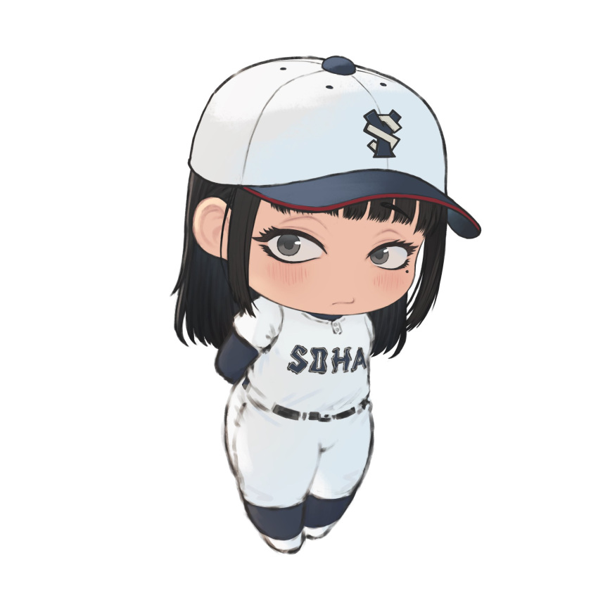 1girl, agawa_sensei_(strikeout_pitch), arms_behind_back, baseball_cap, baseball_jersey, baseball_uniform, black_hair, blush