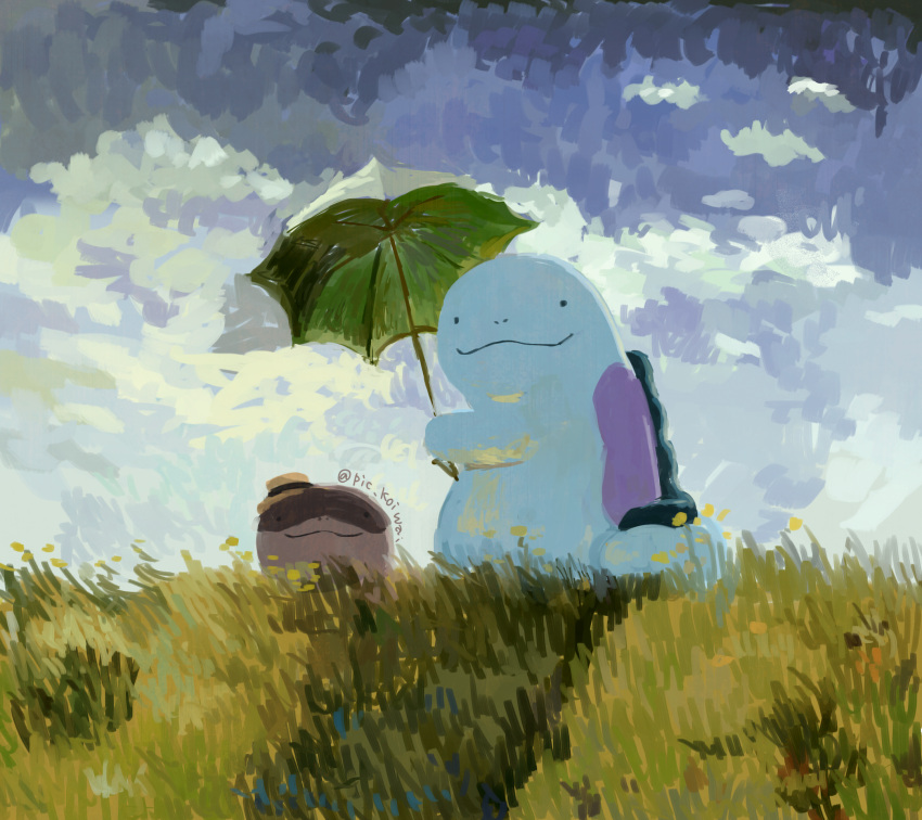 clodsire, commentary_request, fine_art_parody, grass, hat, highres, holding, holding_umbrella