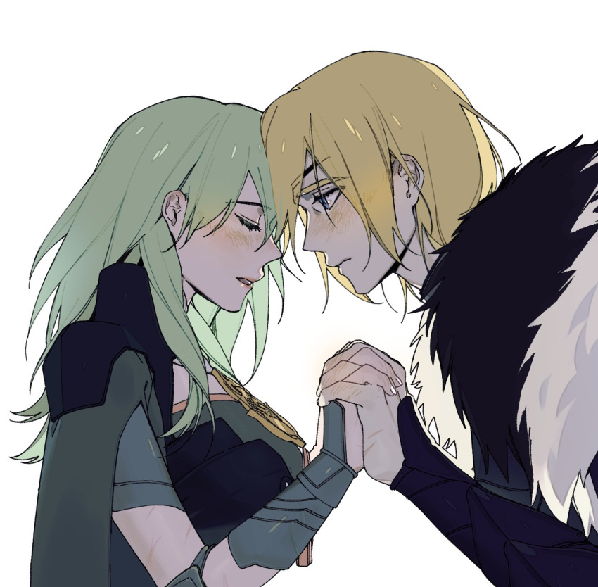 1boy, 1girl, armor, black_armor, black_cape, black_fur, blonde_hair, blue_eyes