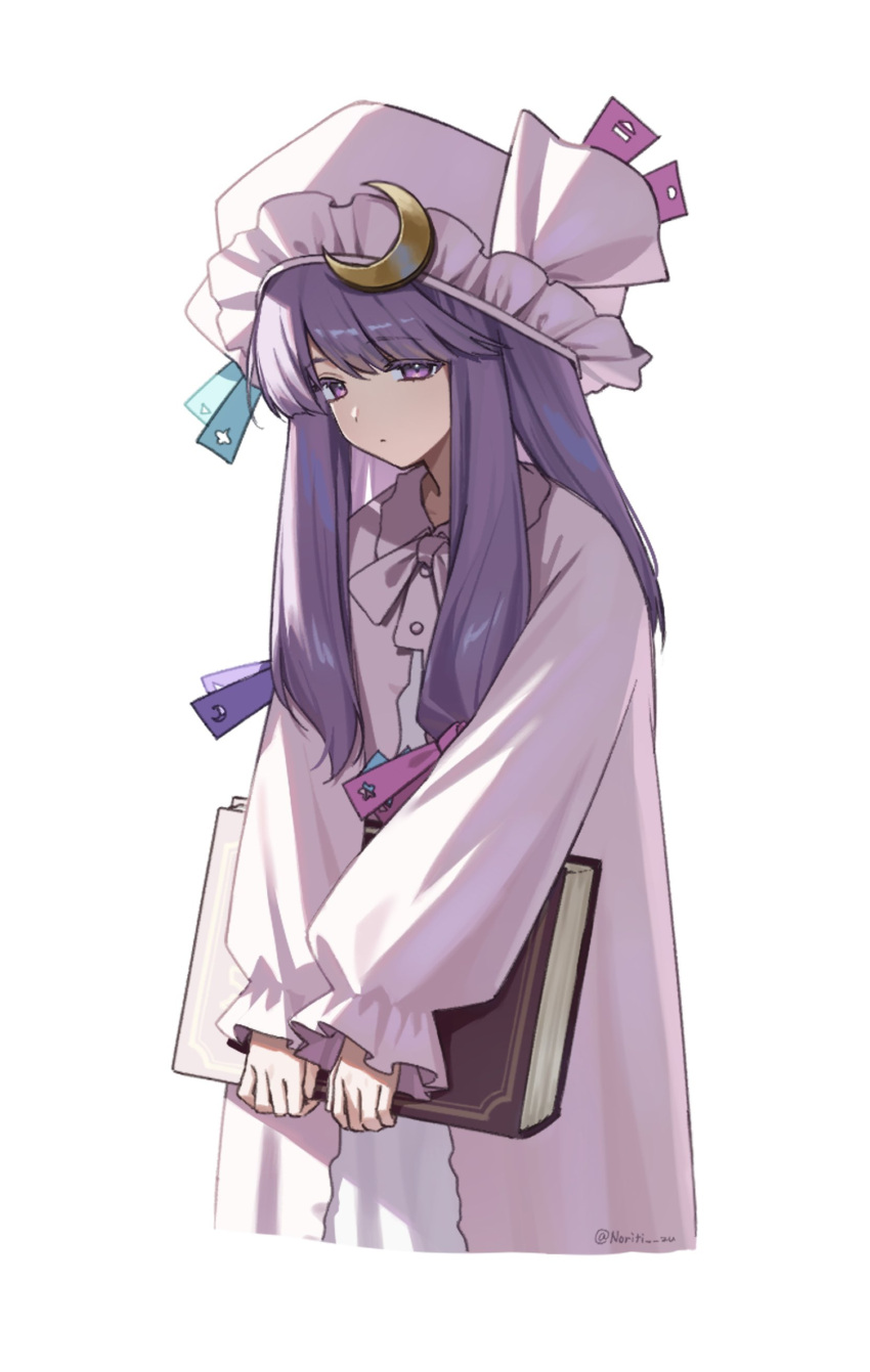1girl, absurdres, blue_ribbon, book, bun_cover, closed_mouth, crescent, crescent_hat_ornament