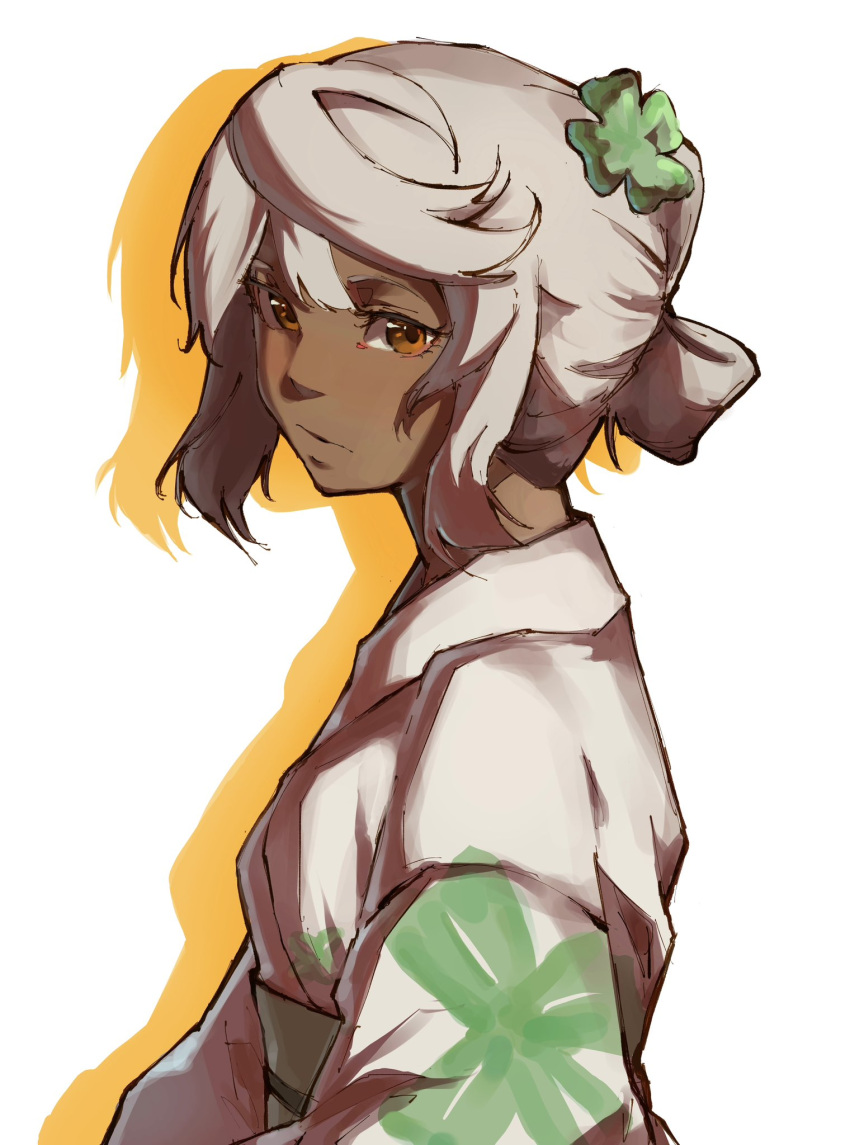 1girl, alternate_costume, alternate_hairstyle, brown_eyes, clover_hair_ornament, commentary, dark-skinned_female, dark_skin