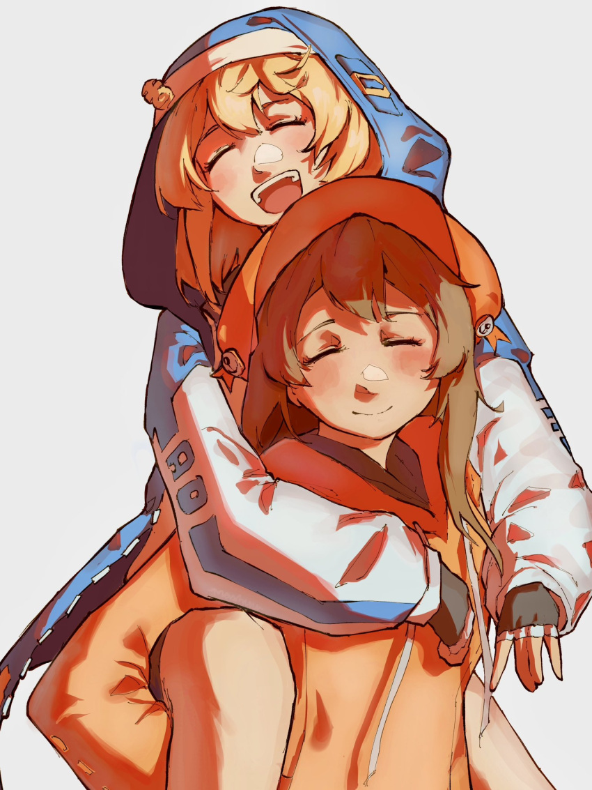 2girls, androgyne_symbol, black_gloves, blonde_hair, blue_jacket, bridget_(guilty_gear), brown_hair, carrying