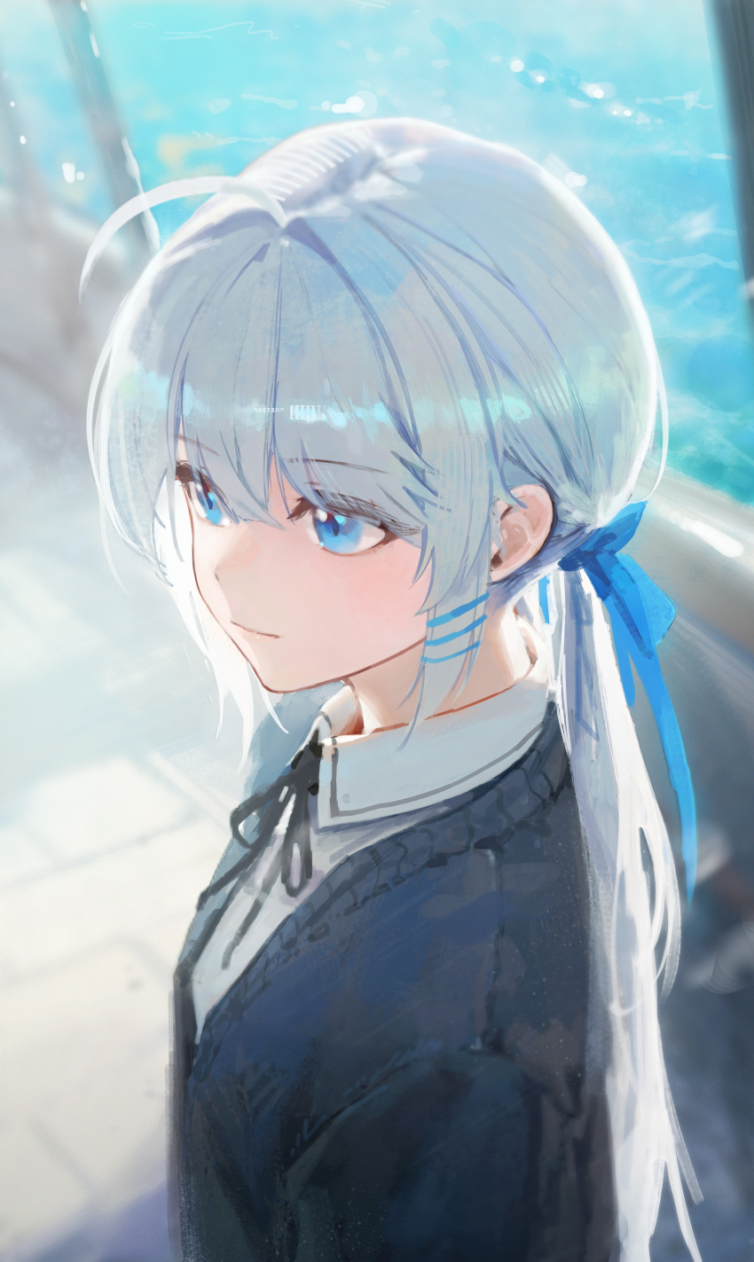 1girl, absurdres, ahoge, black_ribbon, blue_eyes, blue_ribbon, cardigan, closed_mouth