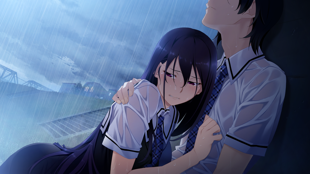 1boy, 1girl, arm_behind_another's_back, black_dress, black_hair, blue_dress, blue_necktie, blush