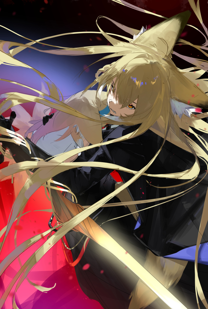2girls, absurdres, animal_ears, arknights, black_jacket, black_pants, blonde_hair, fox_ears