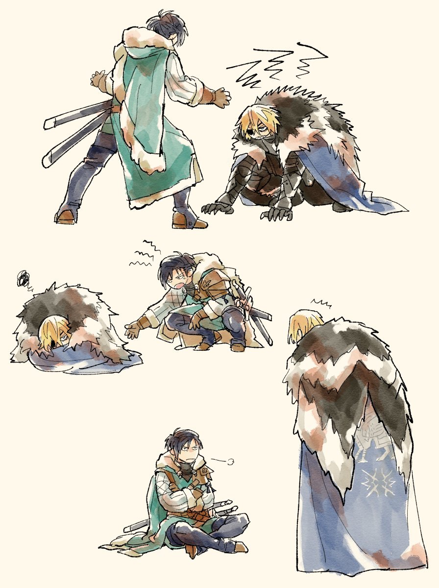 2boys, all_fours, angry, armor, black_armor, black_fur, black_hair, blue_cape