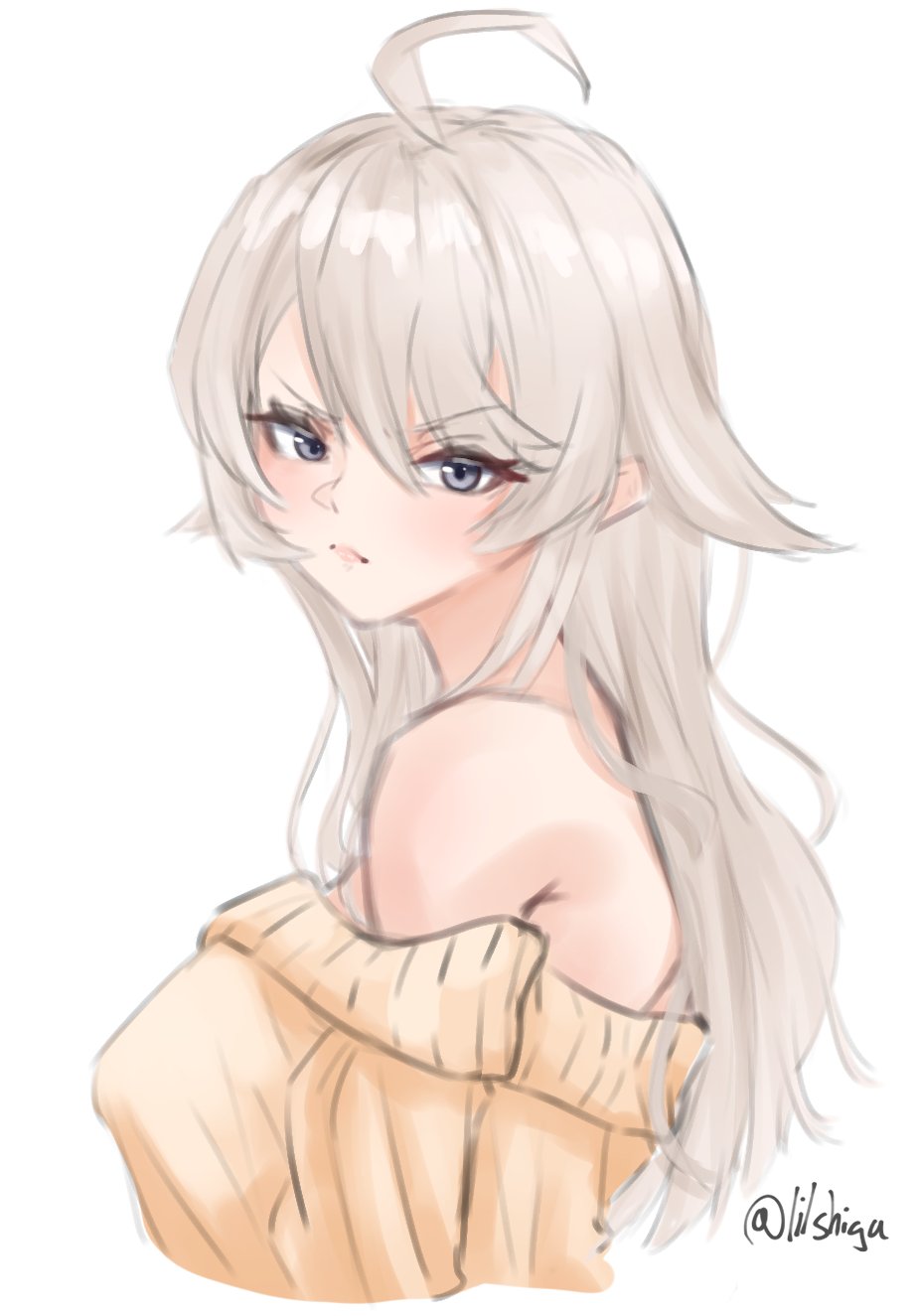 1girl, ahoge, bare_shoulders, grey_eyes, grey_hair, highres, kantai_collection, lilshigu, looking_at_viewer, off-shoulder_sweater, off_shoulder, official_alternate_costume, one-hour_drawing_challenge, ribbed_sweater, simple_background, solo, sweater, twitter_username, upper_body, washington_(kancolle), washington_(spring)_(kancolle), white_background