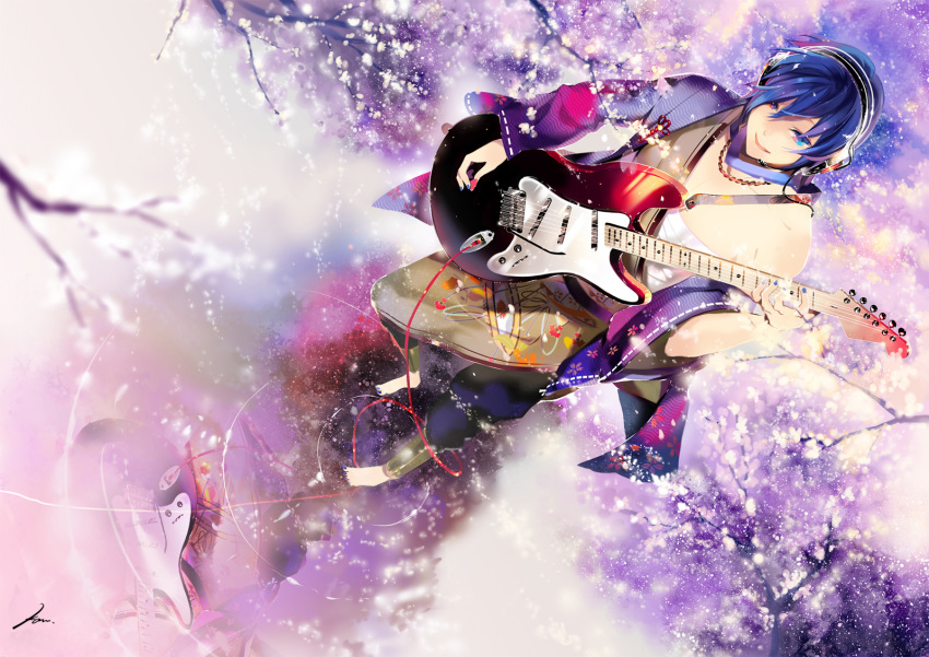 barefoot, blue_eyes, blue_hair, cable, detached_sleeves, from_above, guitar, guitar_pick