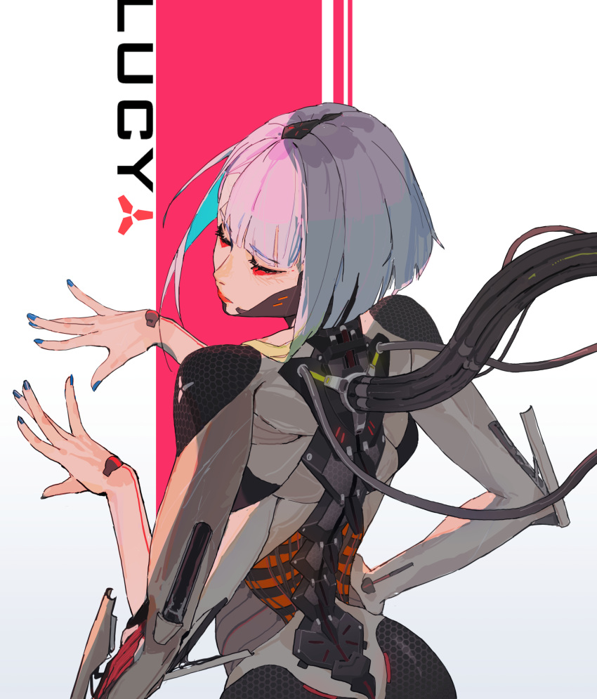 1girl, absurdres, cyberpunk, cyberpunk_(series), cyberpunk_edgerunners, cyborg, extra_arms, from_behind, glaw, highres, lucy_(cyberpunk), nail_polish, nude, short_hair, white_background