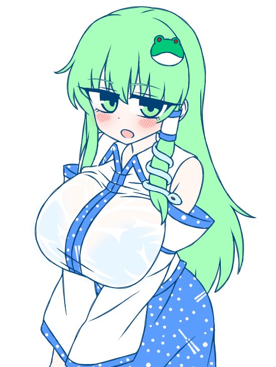 1girl, :o, bare_shoulders, blue_skirt, blush, breasts, collared_shirt, detached_sleeves