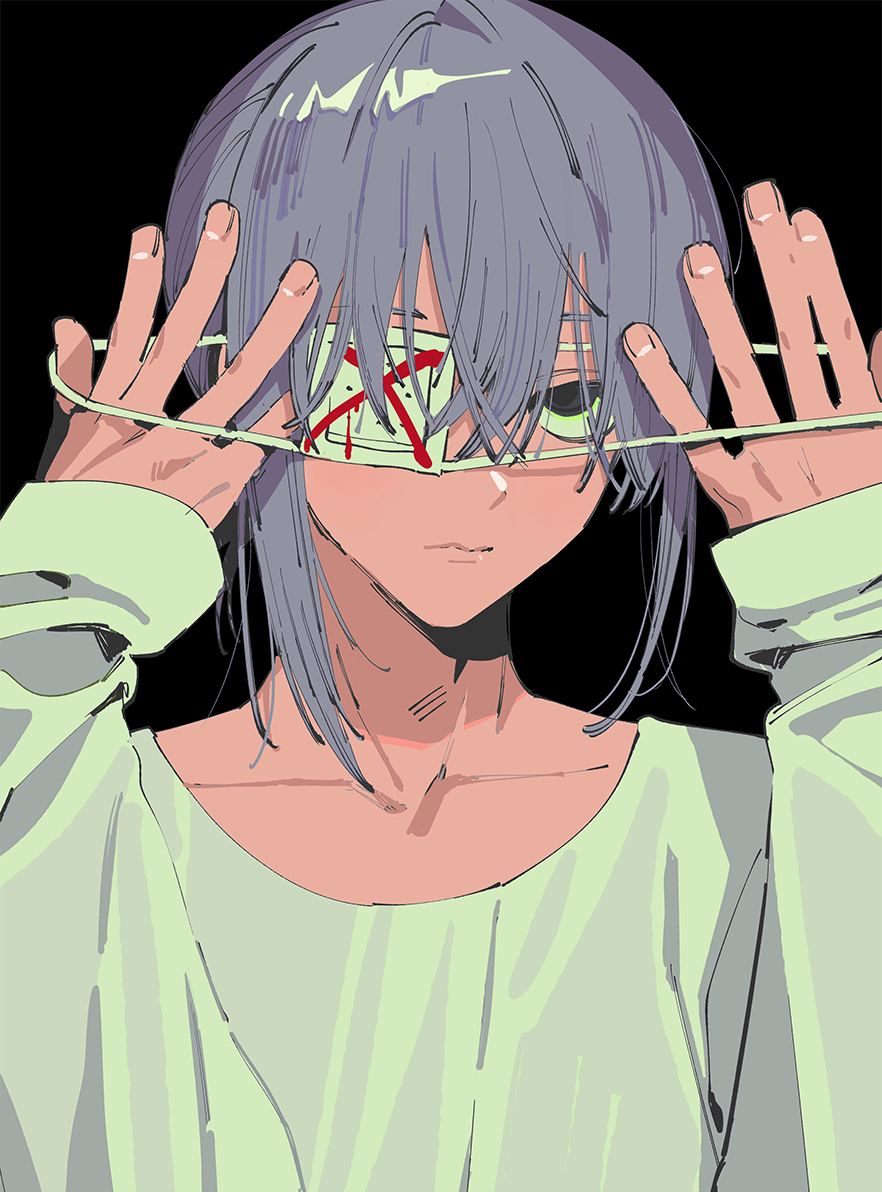 1boy, black_background, black_eyes, closed_mouth, collarbone, commentary, expressionless, eyepatch