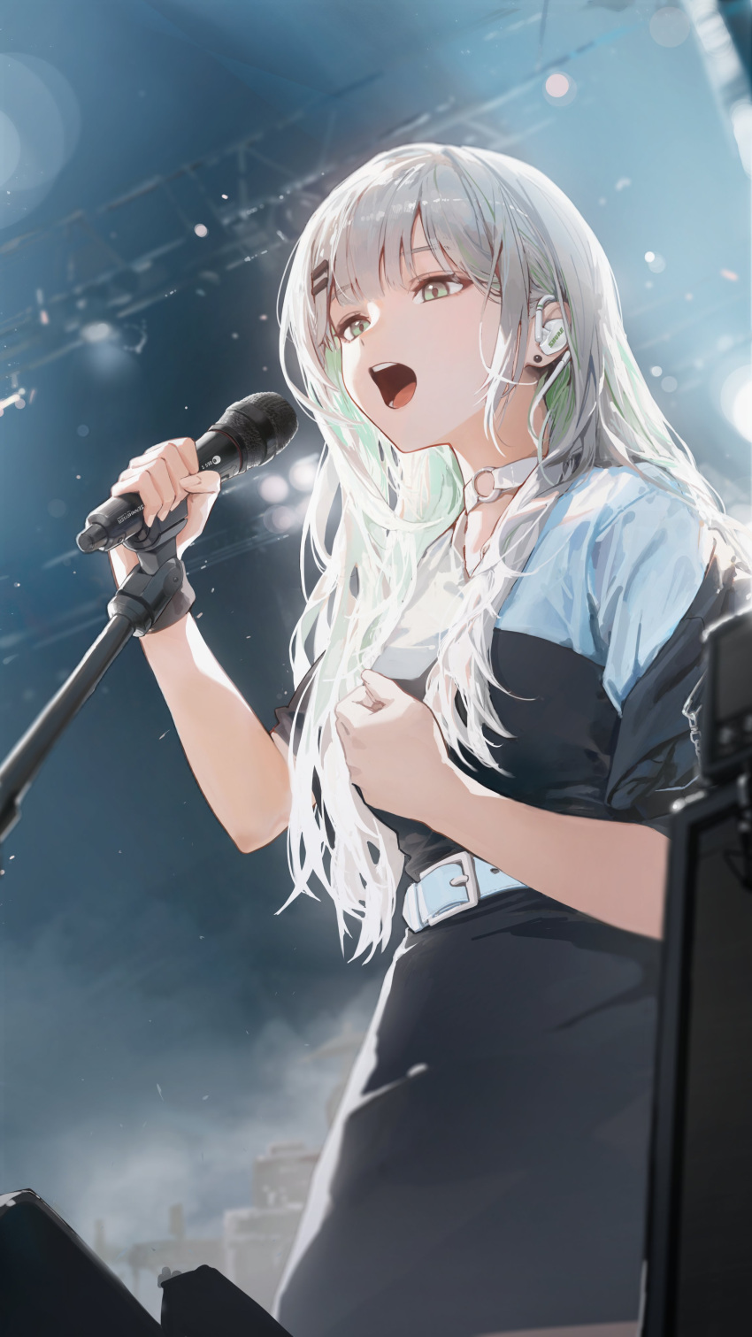 1girl, absurdres, belt, belt_buckle, blue_belt, buckle, choker, colored_inner_hair