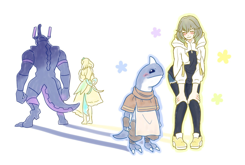 2boys, 2girls, 50qianmi, blush, claws, cropped_hoodie, dress, endless_sphene, father_and_son, final_fantasy, final_fantasy_xiv, gulool_ja, hands_on_own_knees, highres, hood, hoodie, horns, hyur, mamool_ja, multiple_boys, multiple_girls, multiple_persona, reptile_boy, simple_background, single_horn, smile, sphene_(ff14), tail, zoraal_ja