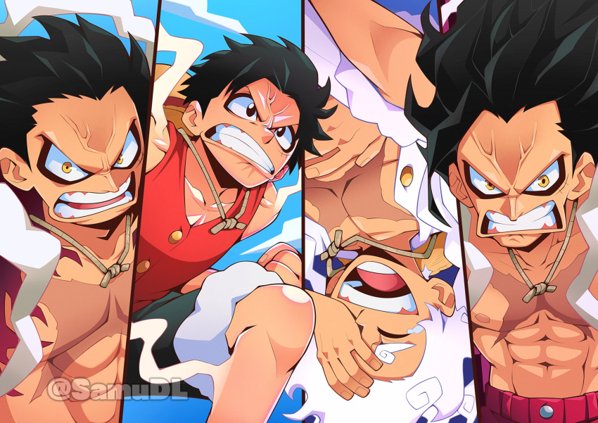 1boy, abs, absurdres, angry, black_hair, clenched_teeth, commentary, commission
