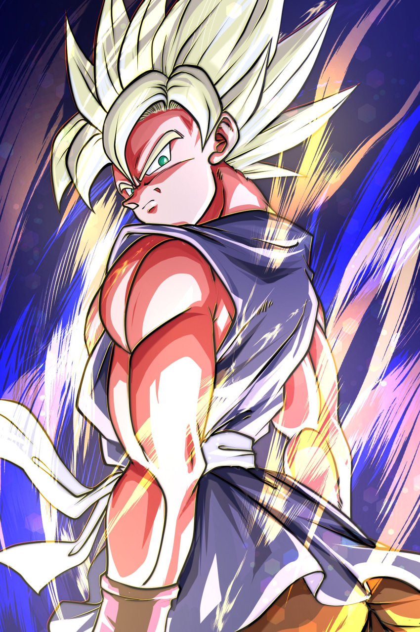 1boy, absurdres, aura, blonde_hair, blue_background, blue_tunic, cowboy_shot, dragon_ball