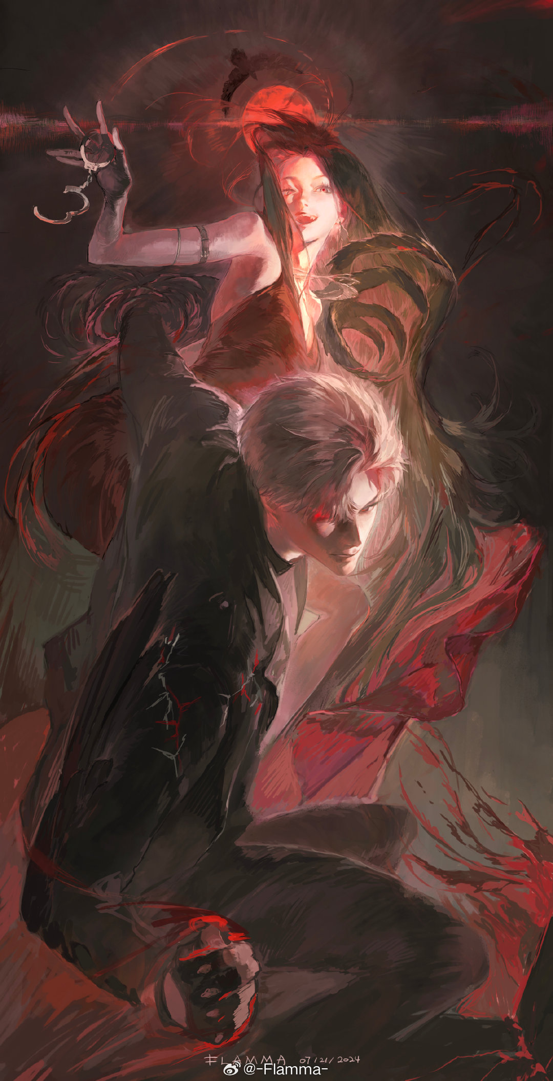 1boy, 1girl, bird, black_gloves, black_hair, black_jacket, black_pants, crow, cuffs, dress, fighting_stance, fingerless_gloves, flamma_(immortalemignis), gloves, grey_hair, handcuffs, highres, holding, holding_handcuffs, jacket, lips, long_hair, long_sleeves, love_and_deepspace, one_eye_closed, open_mouth, pants, parted_lips, protagonist_(love_and_deepspace), red_dress, sylus_(love_and_deepspace), teeth, upper_teeth_only