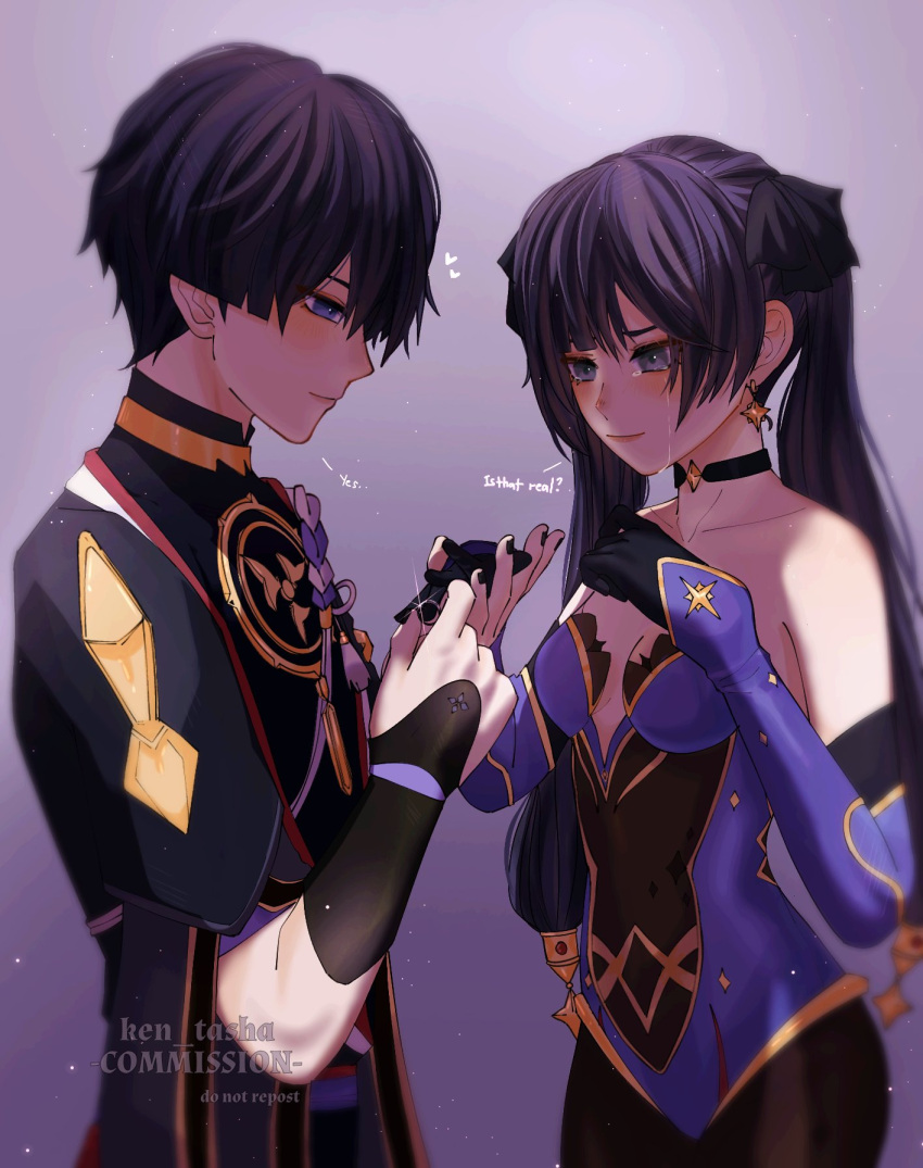 1boy, 1girl, bare_shoulders, black_bodysuit, black_bow, black_choker, black_gloves, black_hair