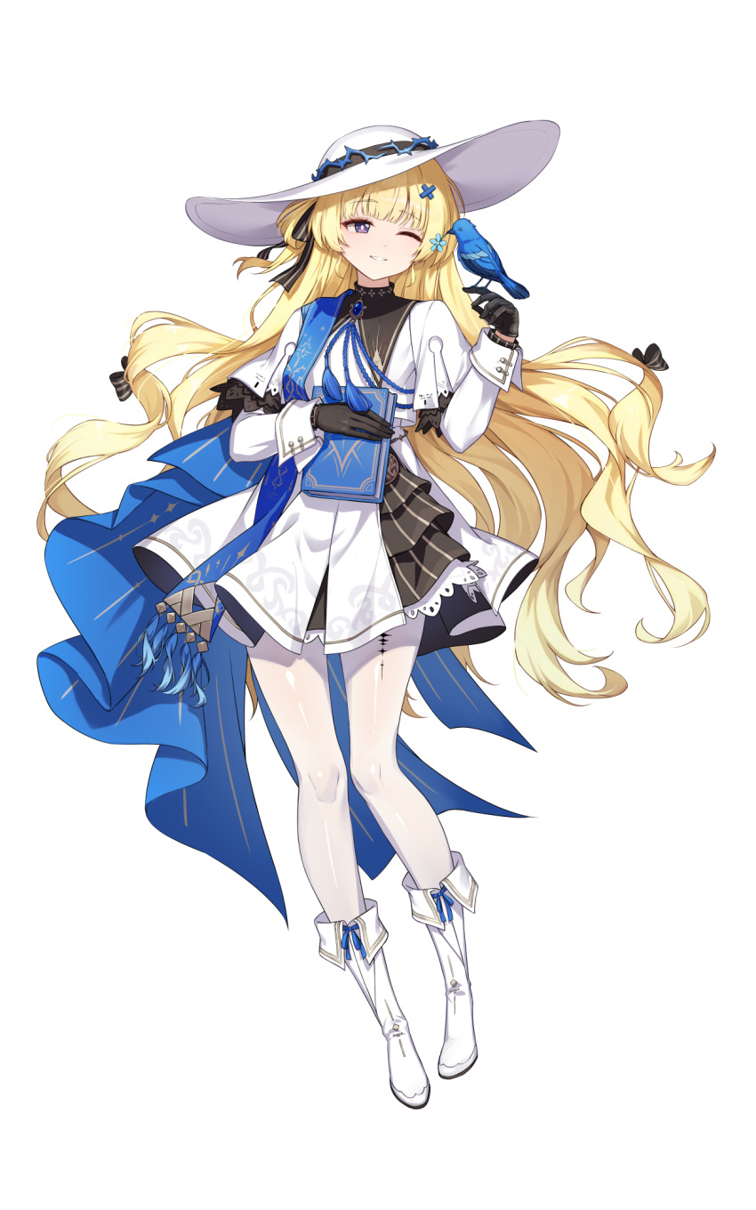 1girl, bird, bird_on_hand, black_bow, black_collar, black_gloves, blonde_hair, blue_gemstone