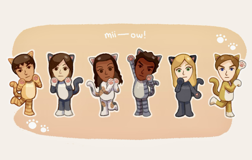 3boys, 3girls, :3, animal_costume, animal_ears, animal_hands, blonde_hair, blue_eyes, brown_eyes, brown_hair, cat_boy, cat_costume, cat_ears, cat_girl, cat_tail, chibi, dark-skinned_male, dark_skin, full_body, green_eyes, guest_a_(mii), guest_b_(mii), guest_c_(mii), guest_d_(mii), guest_e_(mii), guest_f_(mii), highres, jinaxxo, kemonomimi_mode, long_hair, looking_at_viewer, multiple_boys, multiple_girls, nintendo, pants, paw_pose, paw_print, short_hair, smile, standing, tail