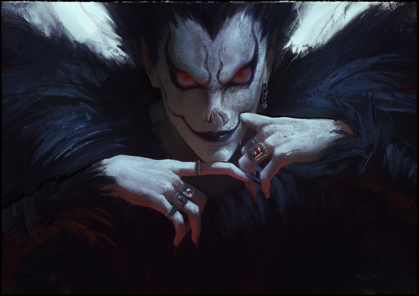 1boy, black_facepaint, black_shirt, blonde_hair, colored_skin, death_note, earrings, fur_trim, highres, jewelry, multiple_rings, red_eyes, ring, ryuk, shirt, single_earring, upper_body, white_skin, whitehogiii