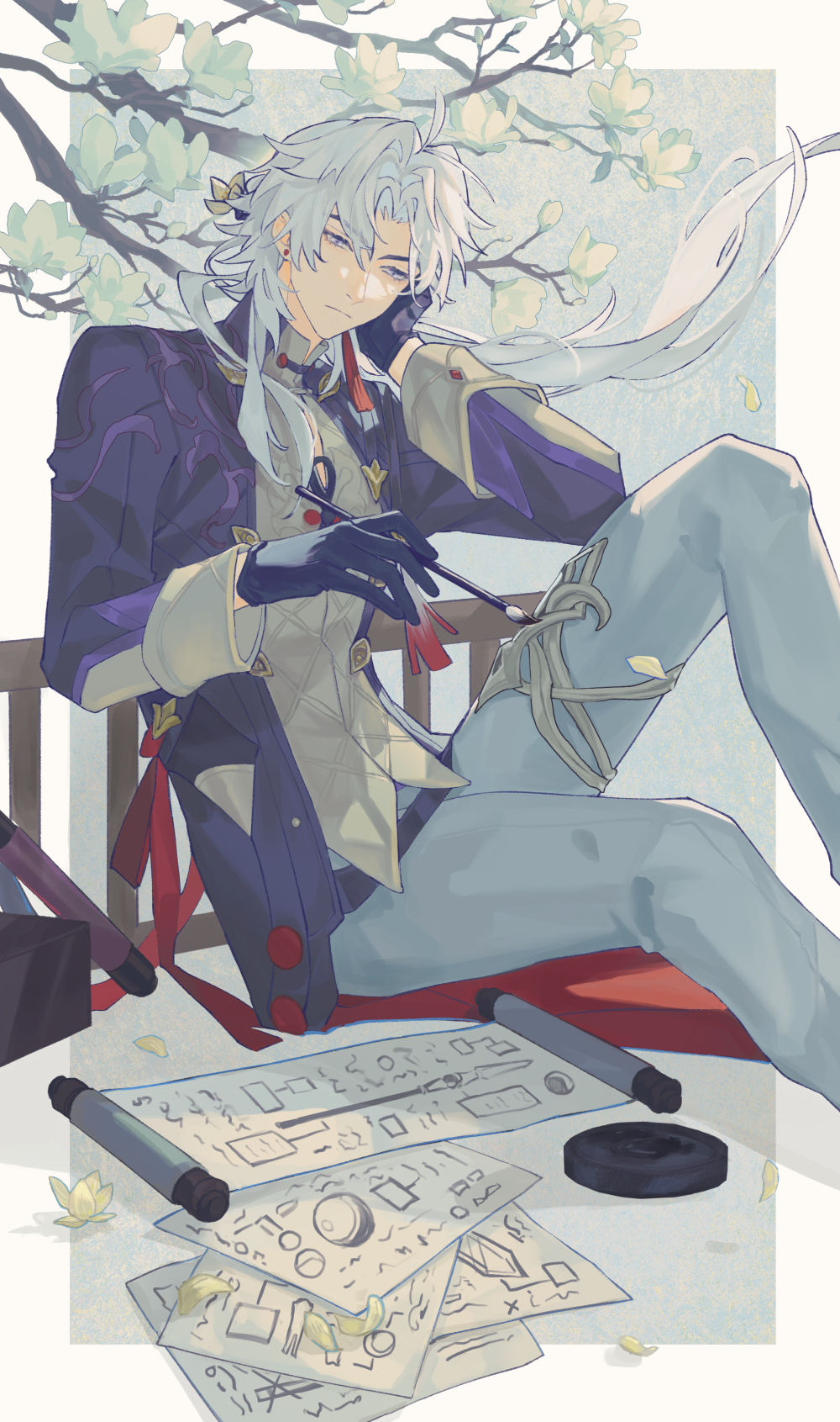 1boy, bishounen, black_coat, black_gloves, blade_(honkai:_star_rail), branch, calligraphy_brush, chair