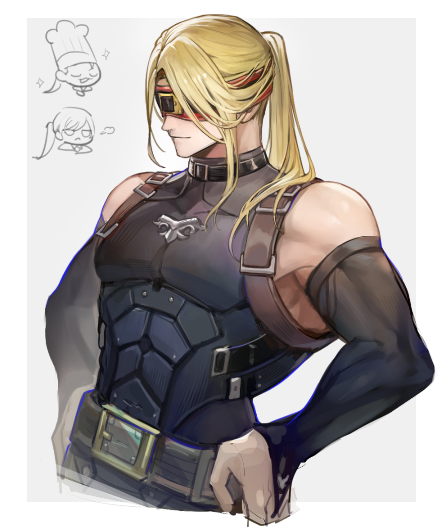 1girl, 2boys, alternate_hairstyle, bare_shoulders, belt, belt_collar, black_belt, black_collar, black_gauntlets, blonde_hair, border, breath, bridal_gauntlets, chef_hat, closed_eyes, collar, covered_eyes, cropped_legs, game_umi1126, guilty_gear, hands_on_own_hips, hat, male_focus, millia_rage, multiple_boys, open_mouth, ponytail, shiny_skin, solo_focus, unfinished, venom_(guilty_gear), white_border, zato-1