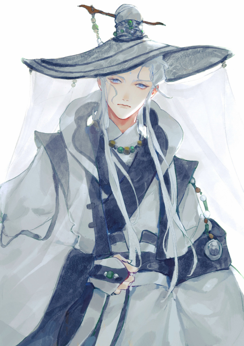 1boy, beads, bishounen, blue_eyes, chinese_clothes, closed_mouth, coat, expressionless