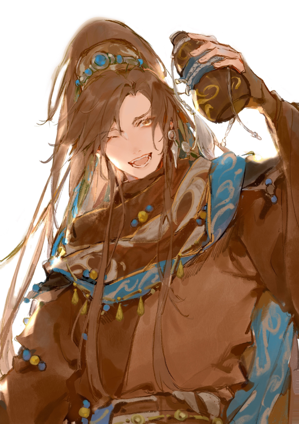 1boy, ;d, belt, bottle, brown_eyes, brown_hair, brown_hanfu, brown_scarf, chinese_clothes, earrings, feng_xiaoyao, hair_ornament, highres, holding, holding_bottle, jewelry, jinguang_budaixi, long_hair, long_sleeves, looking_at_viewer, male_focus, one_eye_closed, open_mouth, ponytail, robe, scarf, simple_background, smile, solo, tassel, teeth, upper_body, white_background, xiao_guan_(headdress), zhao_yi