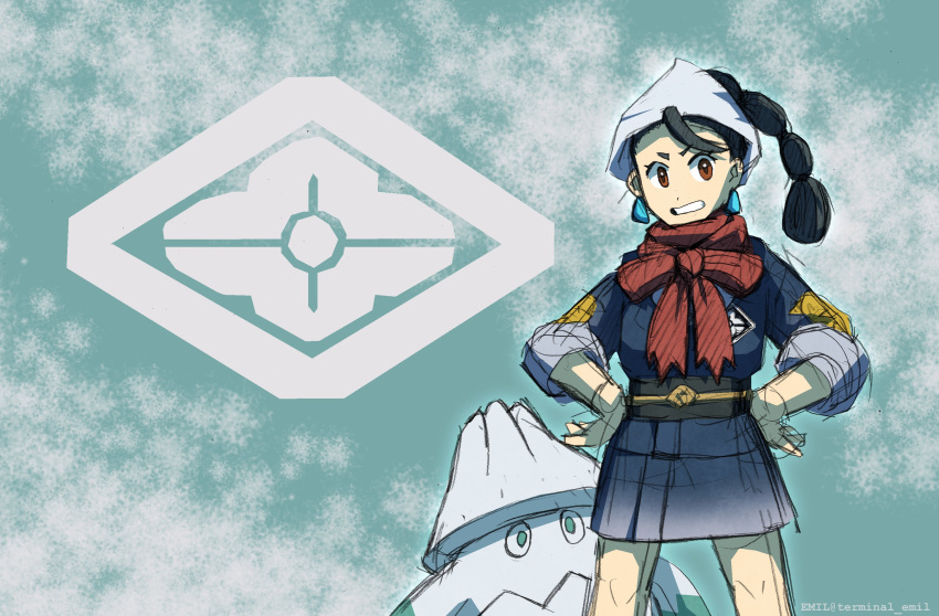 aged_down, black_hair, black_sash, blue_kimono, bow, brown_eyes, clenched_teeth, clover_(pokemon)